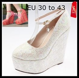 EU30 TO 43 Plus Extra Size Women's Shoes 2 Colours Red White Embroidery Lace Popular Dreamy Wedding Shoes 15CM High Wedges Shoes