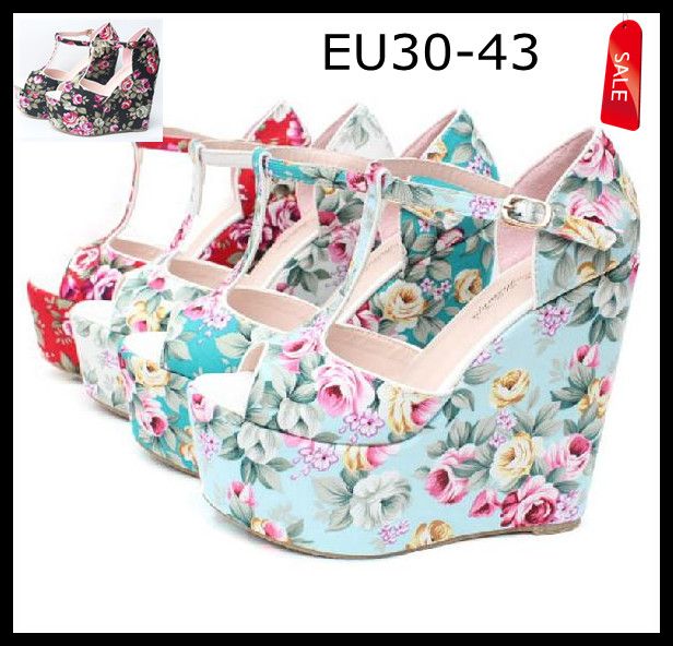 EU30 A 43 Mulheres Plus Size Floral Prints T-Strappy Alta Plataforma Wedges Sandálias de Salto Sapatos de Presente de Natal