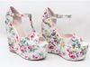 EU30 A 43 Mulheres Plus Size Floral Prints T-Strappy Alta Plataforma Wedges Sandálias de Salto Sapatos de Presente de Natal