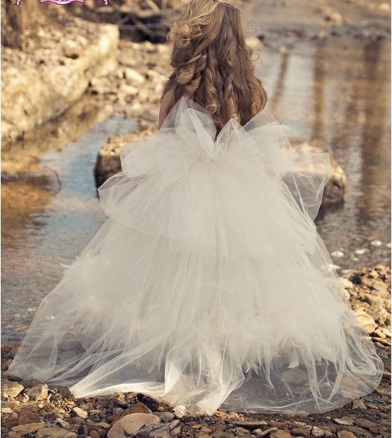 2019 Nieuwe Collectie Goedkope Bloem Meisje Jurken Baljurk Spaghetti Ivory Tulle Appliques Bow Feather Enkle-length Birthay Party Jurken