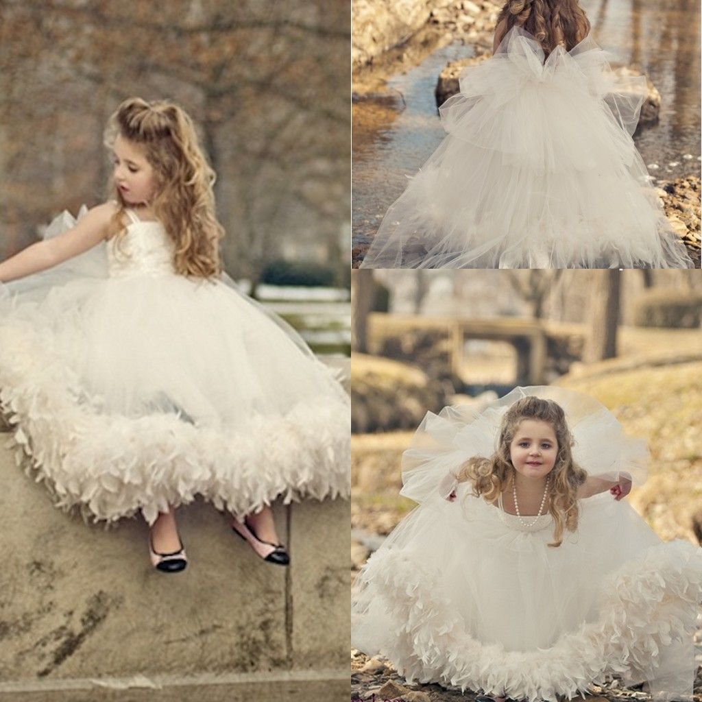 2019 Nieuwe Collectie Goedkope Bloem Meisje Jurken Baljurk Spaghetti Ivory Tulle Appliques Bow Feather Enkle-length Birthay Party Jurken