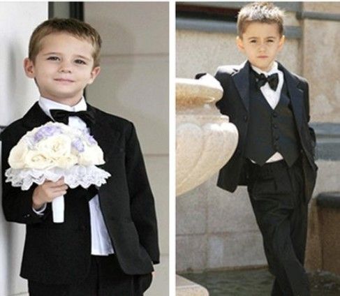 Solidne Black Boys Wedding Garnitury Formalne Party Tuxedo Garnitur Gościem Kurtka + Spodnie + Bow Tie / Necktie + Kamizelka + Koszulka Sukienka Garnitur 5 sztuk Zestaw 5 zestawów / partia # 3465 \ t