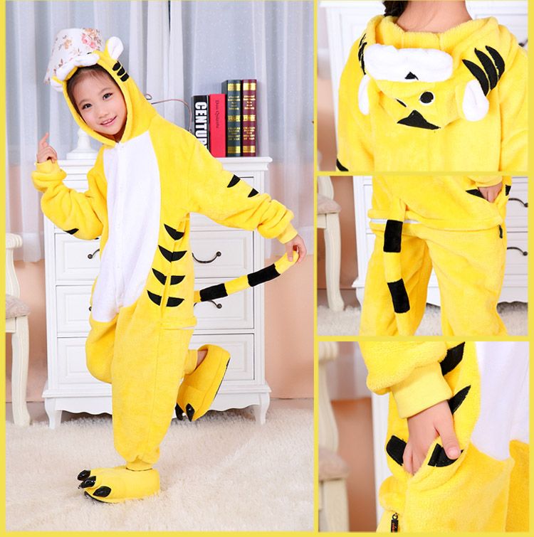 Gelber Tiger Kinder Onesies Onesie Pyjamas Kigurumi Jumpsuit Hoodies Nachtwäsche für Kinder keine Klaue Willkommen Großhandelsbestellung