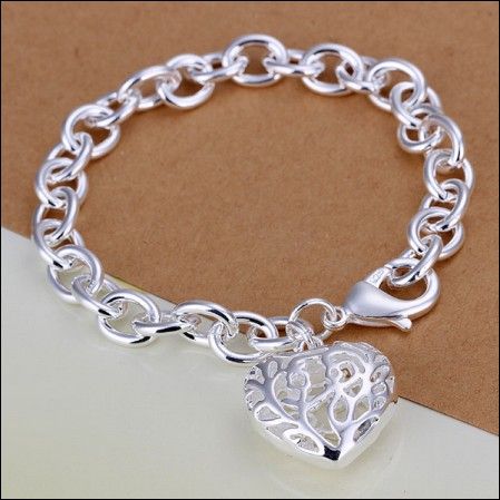High quality 925 silver plated hollow heart pendant charm chain bracelet fashion jewelry valentine gift free shipping 10pcs/lot