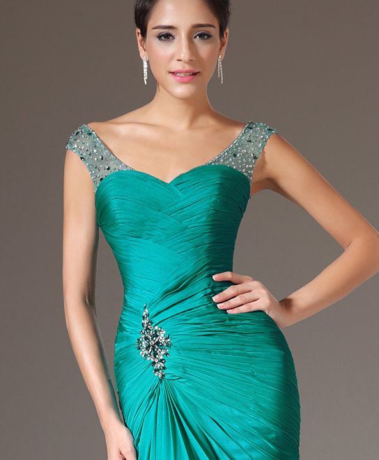 Green Long Evening Dresses Pleated Chiffon Cap Sleeves Beaded V Neck Pleated Mermaid Prom Gowns 