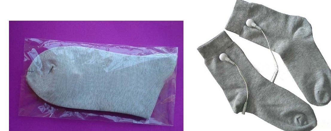 WHITE SILVER FIBER CONDUCTIVE SOCKS FOR EMS/TENS MASSAGE MACHINE WITH CABLE FREE-SHIPPING