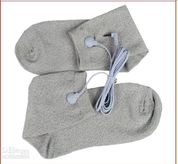 WHITE SILVER FIBER CONDUCTIVE SOCKS FOR EMS/TENS MASSAGE MACHINE WITH CABLE FREE-SHIPPING