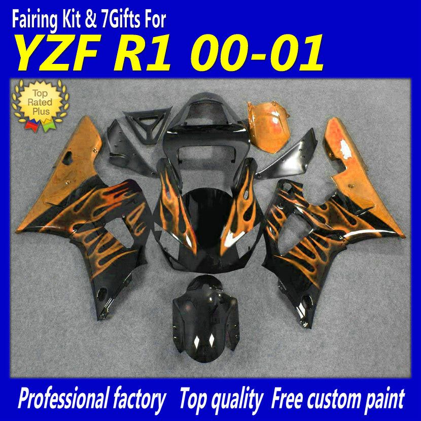 7 Geschenke goldene Flamme schwarze Motorradverkleidung für Yamaha 2000 2001 YZF-R1 00 01 YZFR1 YZF R1 ABS-Kunststoff-Motorradverkleidungsset fd15