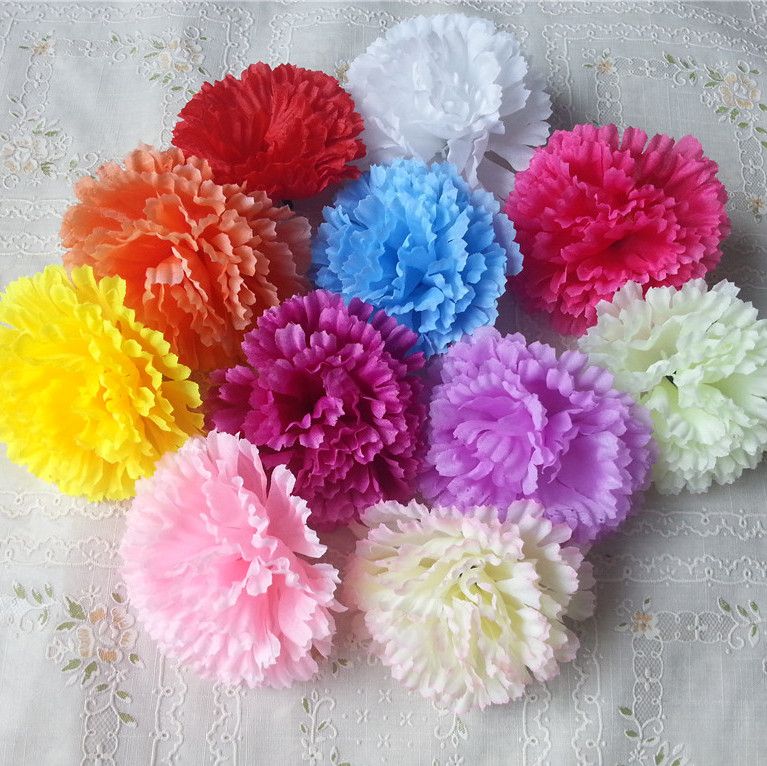 9cm 100st 9 Färger Tillgängliga Konstgjorda Silk Carnation Flower Heads Mors dag DIY Smycken Headings Headware