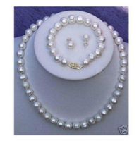 New Fine Pearl Bijoux Naturel Réel AKOYA 18 POUCES 10-11 MM Blanc BAROQUE Perle Collier Bracelet Boucle D'oreille Ensemble 14 K