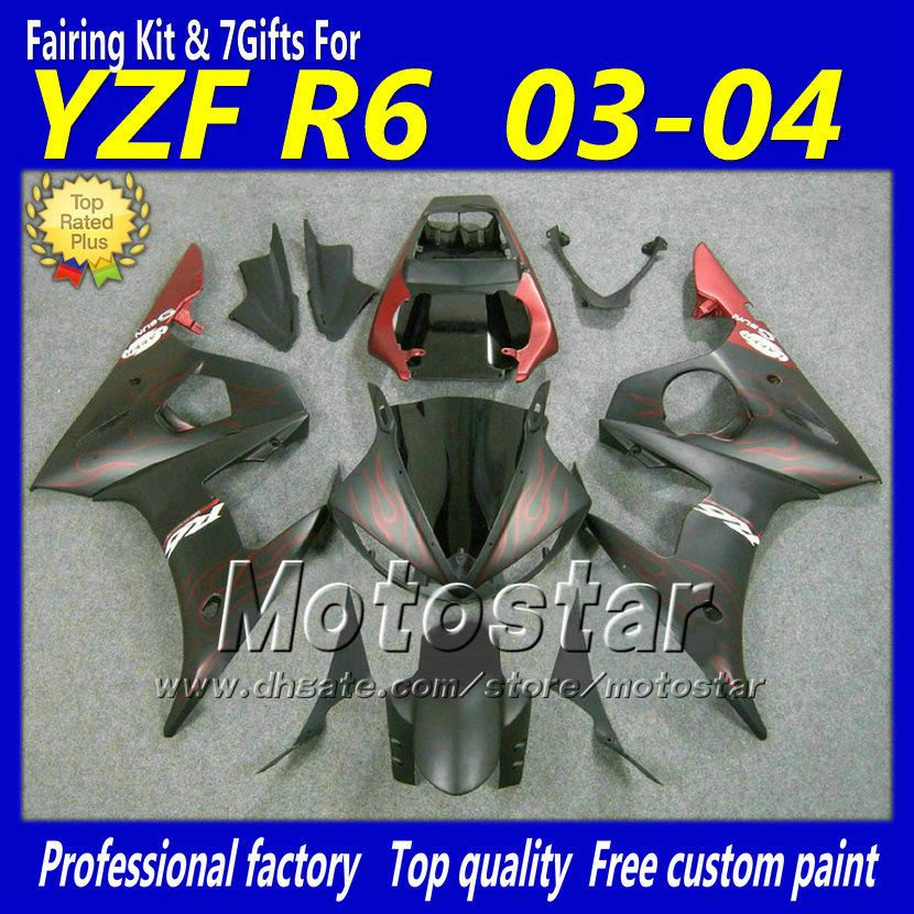 레드 불꽃 매트 블랙 페어링 세트 YZF600 03 04 Yamaha YZF-R6 03 04 YZFR6 2003 2004 ABS 페어링 바디 키트 YZF R6