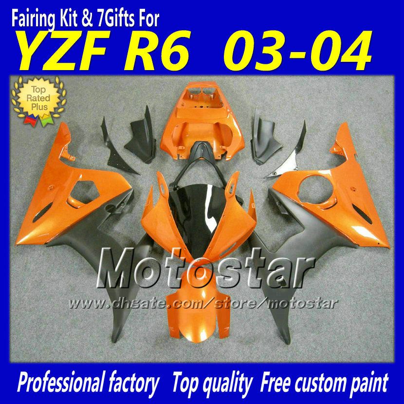 ABS Orange Svart Motorcykel Fairings för Yamaha YZF-R6 03 04 YZFR6 2003 2004 YZF R6 YZF600 Plastkroppsarbete Fairing Kit BY19