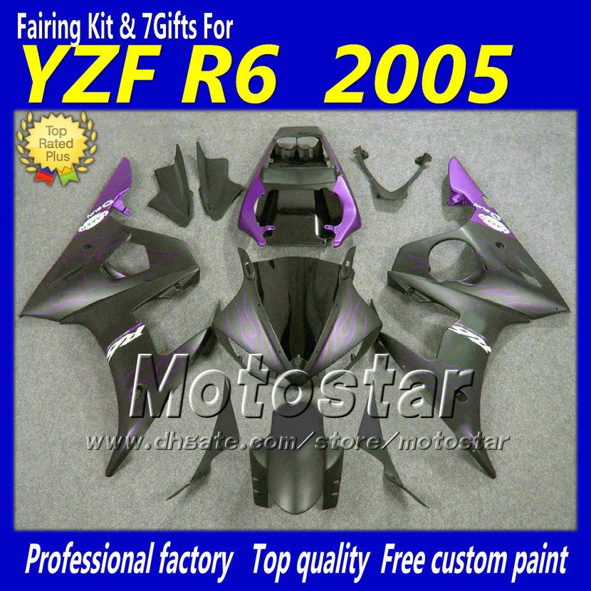 Purple Flame Matt Black Abs Plastic Full Fair Kit dla Yamaha YZF-R6 05 YZFR6 05 2005 YZF R6 YZF600 Dostosuj Fairings Zestaw GH36