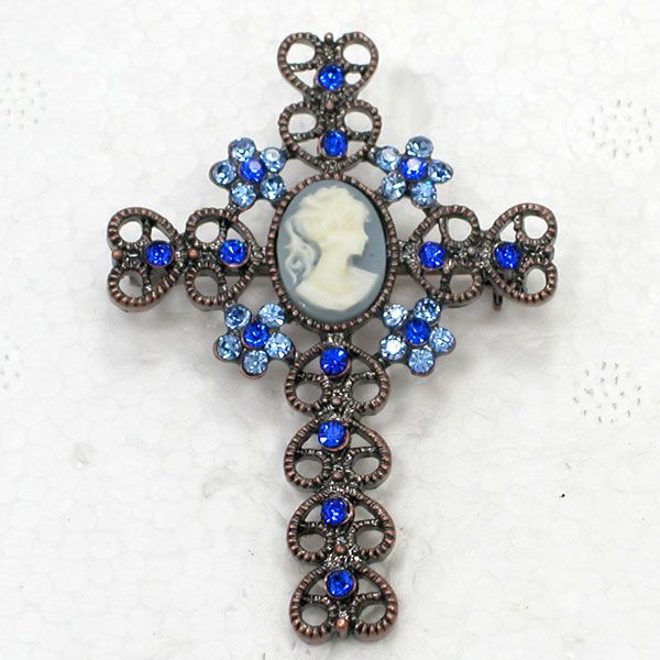 Crystal Rhinestone Cameo Cross Brooch Wholesale Fashion Costume Vintage