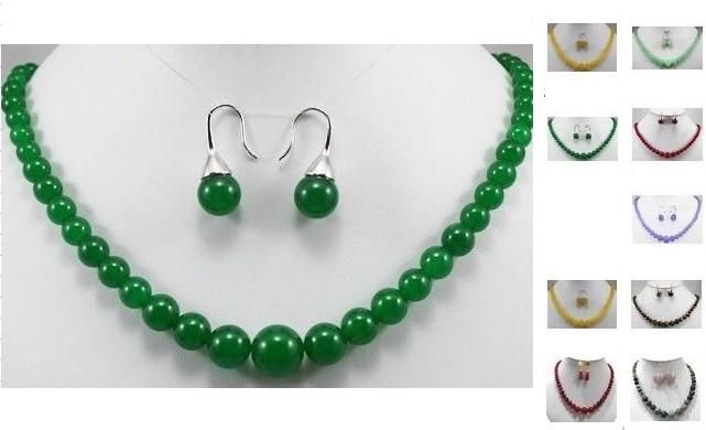 Hot Sell !7color-6-14mm green/red/purple/yellow jade/tiger eye stone/agate necklace earrings Jewelry set