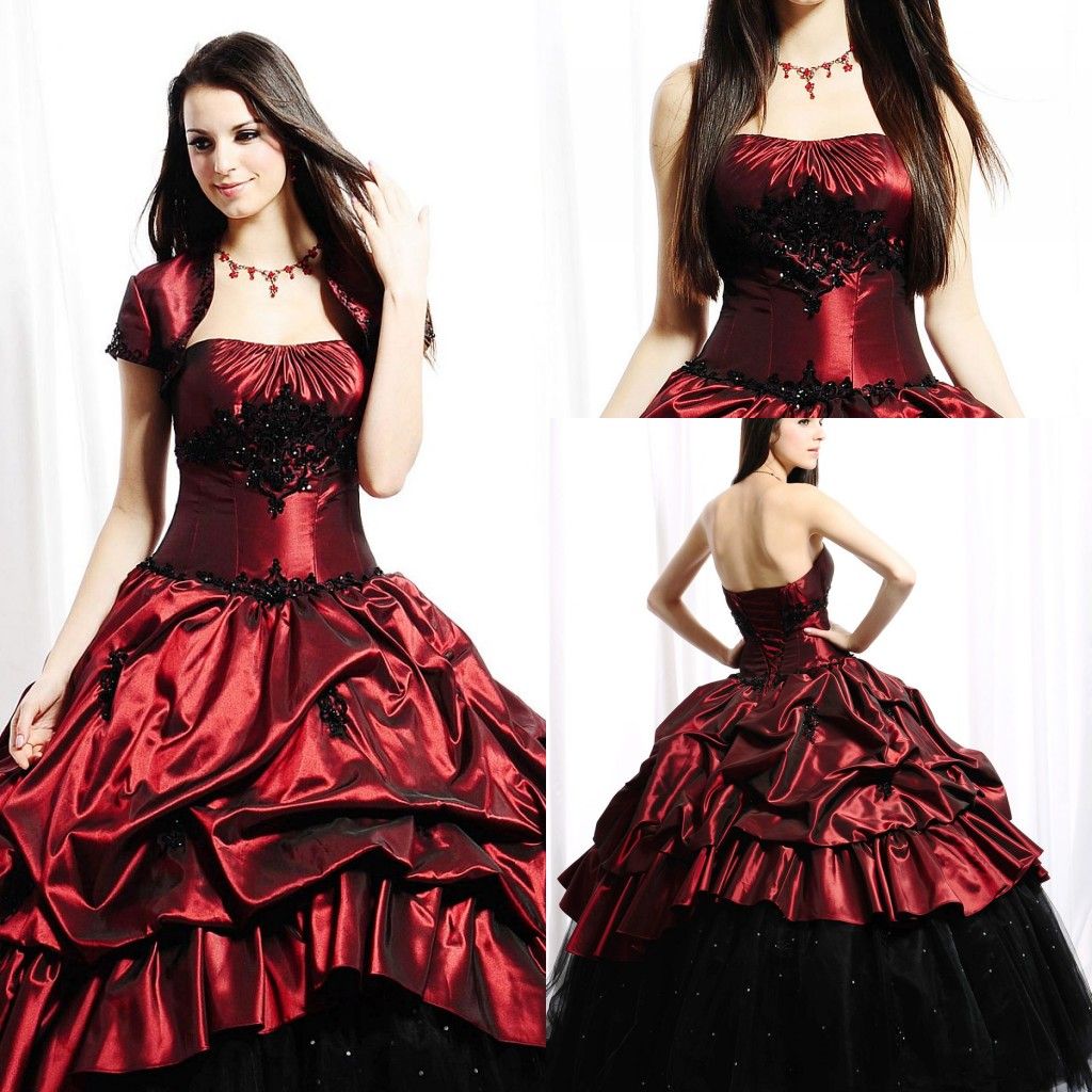 Hot Pas Cher Avec Veste Robes De Quinceanera Robes De Bal Sans Bretelles Bordeaux Satin Appliques Perles Pick-up Balayage Train