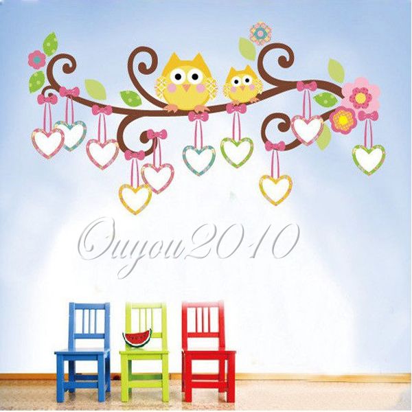 DIY Colorful Cute Heart Love Owl Tree Branch Flowers Removable PVC
