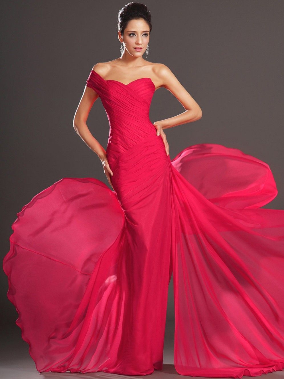 Sexy Designer Mermaid One Shoulder Abendkleider Sweep Zug Red Chiffon Formale Abendkleider Puffy Günstige Prom Kleider Kostenloser Versand