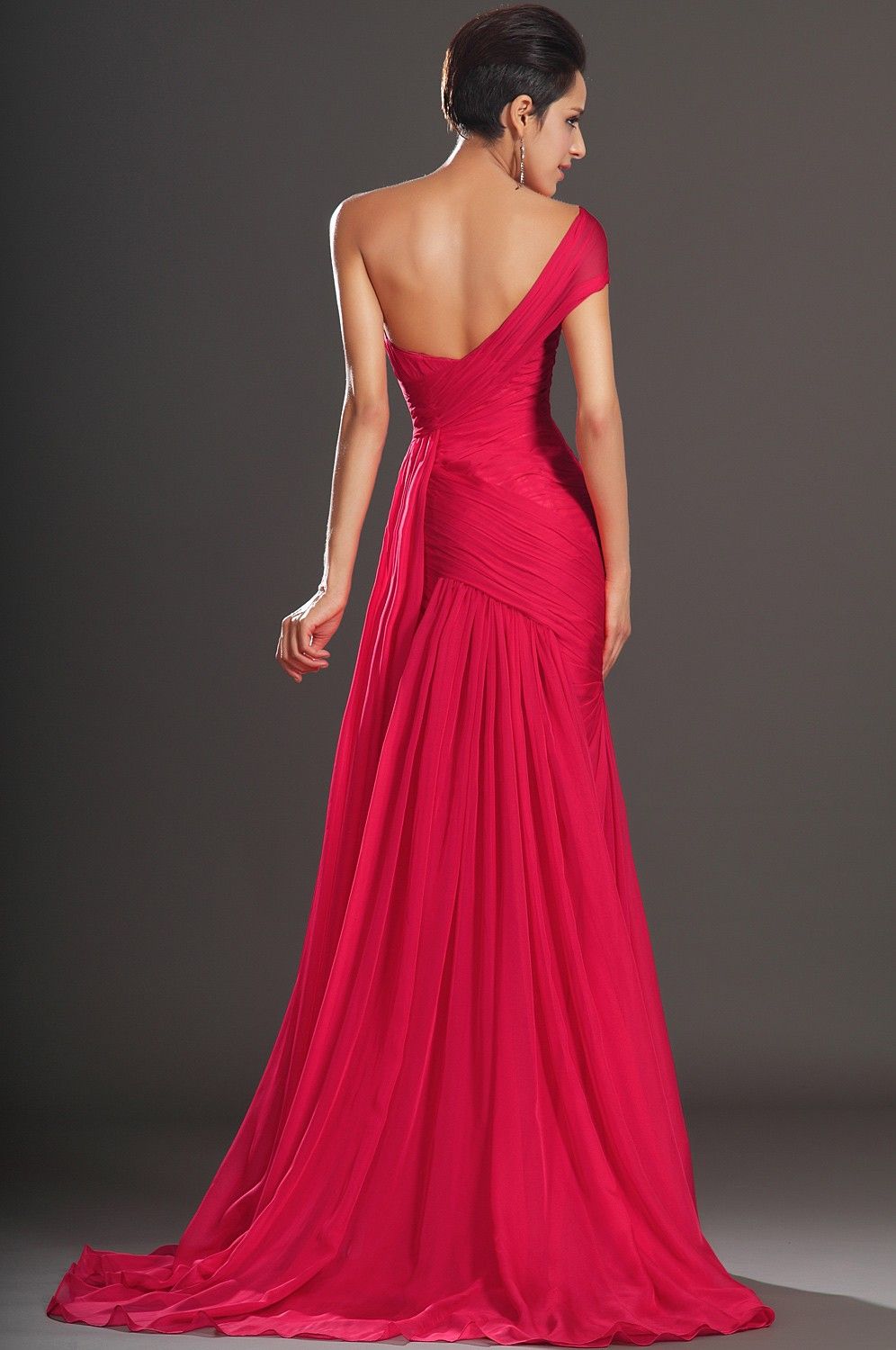 Sexig designer sjöjungfru en axel aftonklänningar svep tåg röd chiffong formell aftonklänningar puffy billiga balklänningar 4799200