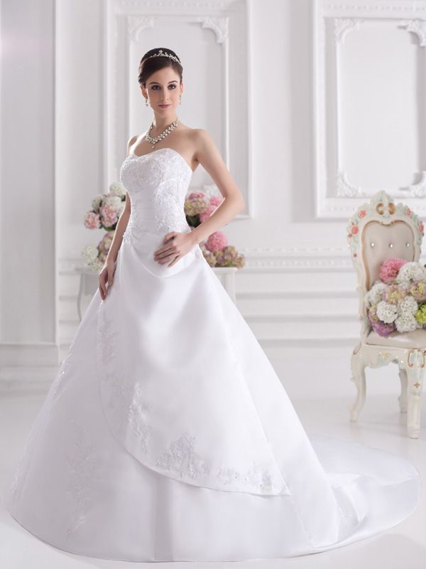 High Quality Fantastic White Satin Sweetheart Court Train Applique Beads Celebrity Satin Wedding Dresses evening dress