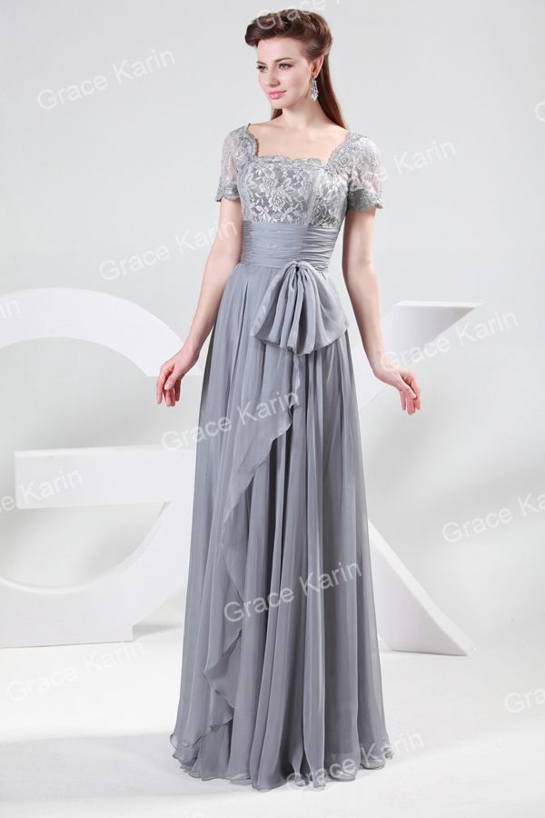 GK Stock Chiffon & Lace Short Sleeve Ball Gown Long Prom Party Formal ...