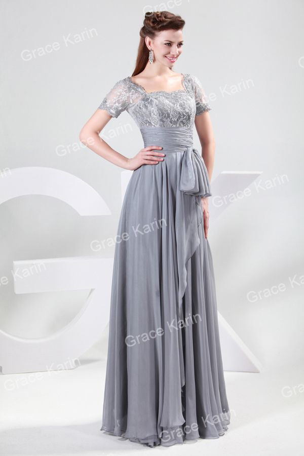 GK Stock Chiffon & Lace Short Sleeve Ball Gown Long Prom Party Formal ...