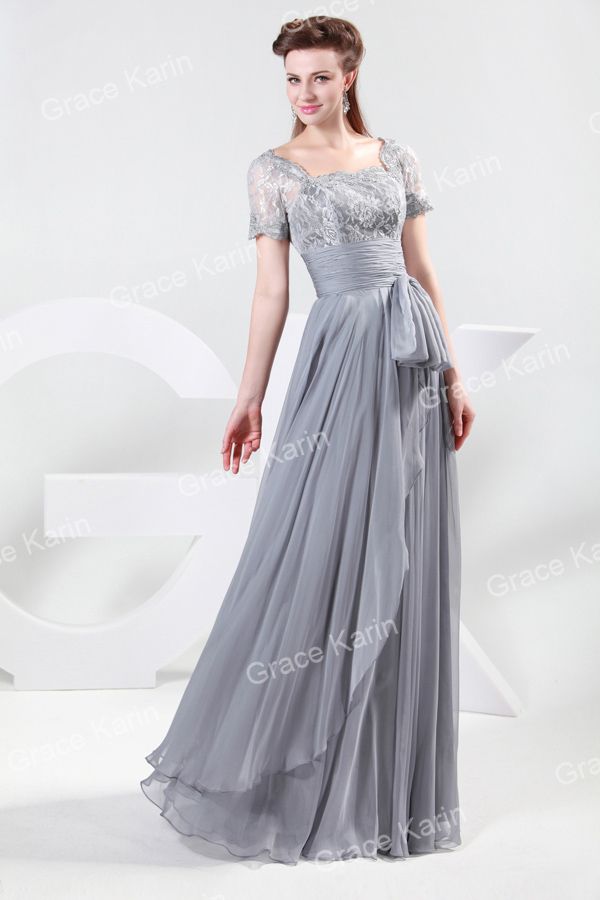 GK Stock Chiffon & Lace Short Sleeve Ball Gown Long Prom Party Formal ...