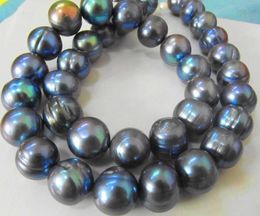 -Neue feine Perlenschmuck selten Tahitian 12-13mms Südmeer schwarz blaue Perlenkette 19 Zoll 14k