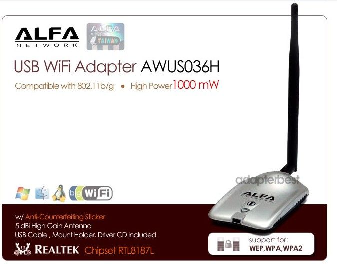 소매 패키지 1000mW 알파 네트워크 AWUS036H USB 무선 G N 무선 어댑터 어댑터 5dBi 안테나 RTL3070L