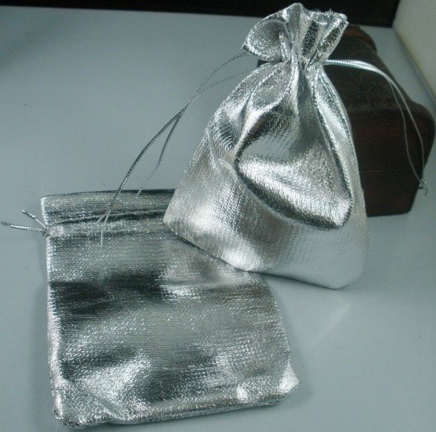 100 unidades de bolsa de presente de gaze banhada a prata para lembrancinhas de casamento com cordão 7x9cm258S