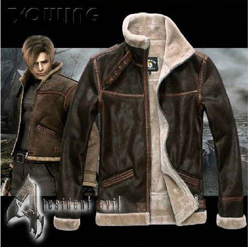 RE4 RESIDENT EVIL 4 IV LEON KENNEDY PU Faux LEATHER FUR JACKET All Size Leather Costumes Long-sleeve Coat DHL Free Shipping