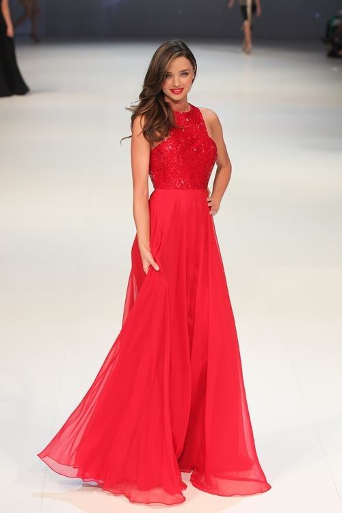 Miranda Kerr Hot Red Alta Pescoço Lantejoulas Chiffon Até O Chão Longo Celebridade Vestido de Noite Vestido de Noite CD046