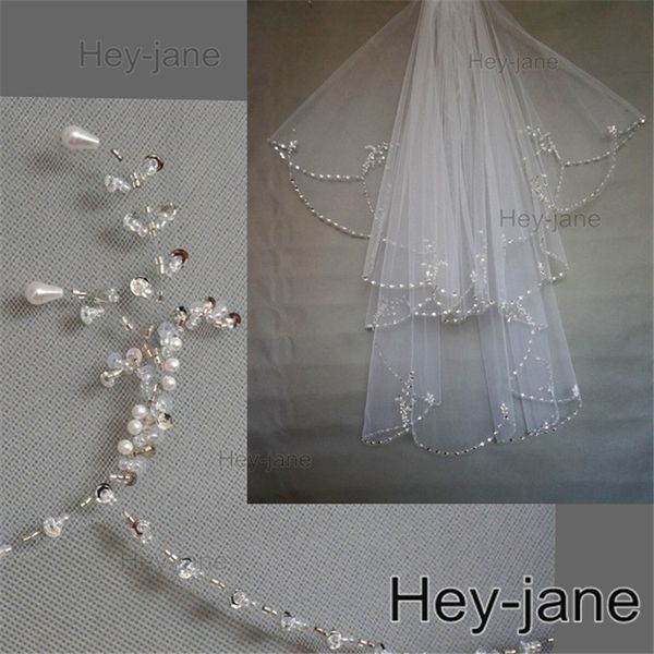 

Beaded Unique Wedding Bridal Veil Free Shipping New Arrival 2T two layer white ivory Crystal Pearl Exquisit