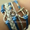 Hand-geweven handgemaakte oneindigheid anker roer antiek zilver hanger blauwe whit zilveren armband Gratis verzending !!!