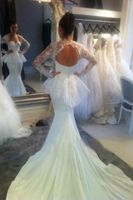 Wholesale White Chiffon appliques Floor length Cathedral Train Mermaid Long Sleeves Peplum Sheer Open back Backless Wedding Dresses
