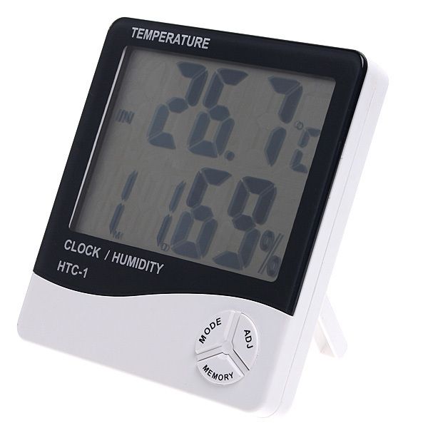 Multifunctionele HTC-1 Digitale LCD-temperatuurvochtigheid Hygrometer Thermometer Klok Vochtigheidsmeter Met Klokkalender Alarm 100 stks