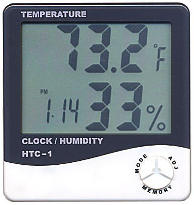 Multifunctionele HTC-1 Digitale LCD-temperatuurvochtigheid Hygrometer Thermometer Klok Vochtigheidsmeter Met Klokkalender Alarm 100 stks