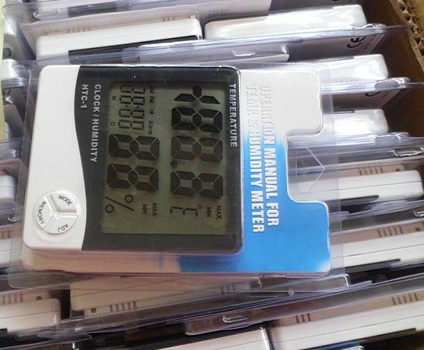 / Digital-LCD-Thermometer-Temperatur-Feuchtigkeits-Meter mit Uhr-Kalender-Warnung HTC-1