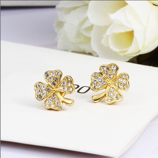 Top quality 18K gold plated rhinestone crystal clover stud earring fashion party jewelry christmas gift 