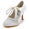 Satin brudskor spetsar bröllopsklänning skor mode nya högkvalitativa rund tå pumpar elfenben bowtie kväll fest skor