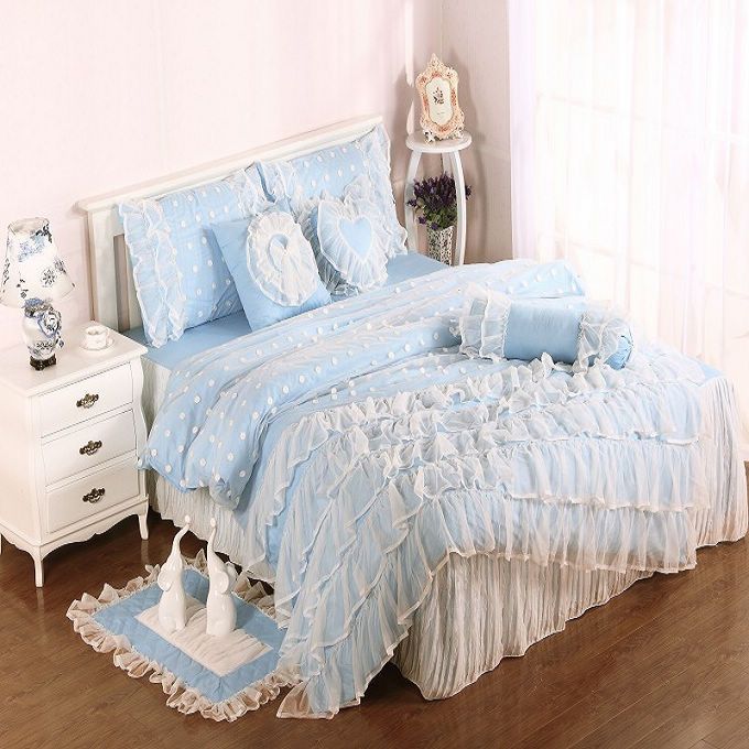 Light Blue Cotton Satin Princess Lace Girl Duvet Cover Bed Skirt