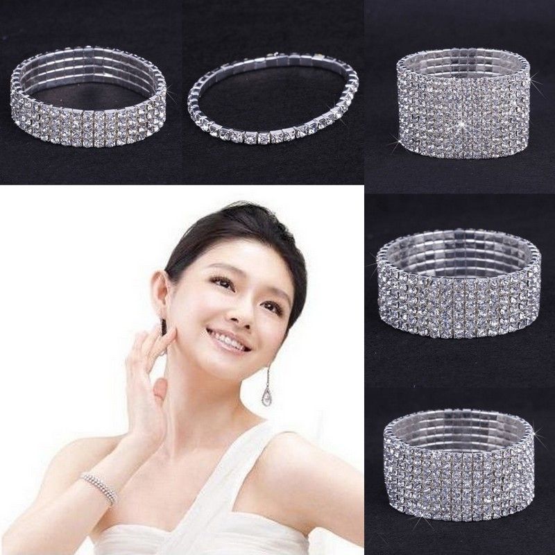 10 stks 1-10 Rows Rhinestone Oostenrijk CZ Armbanden Crystal Wedding Bruid Stretchy Bangle Polsband Sieraden Armband ZAU * 10