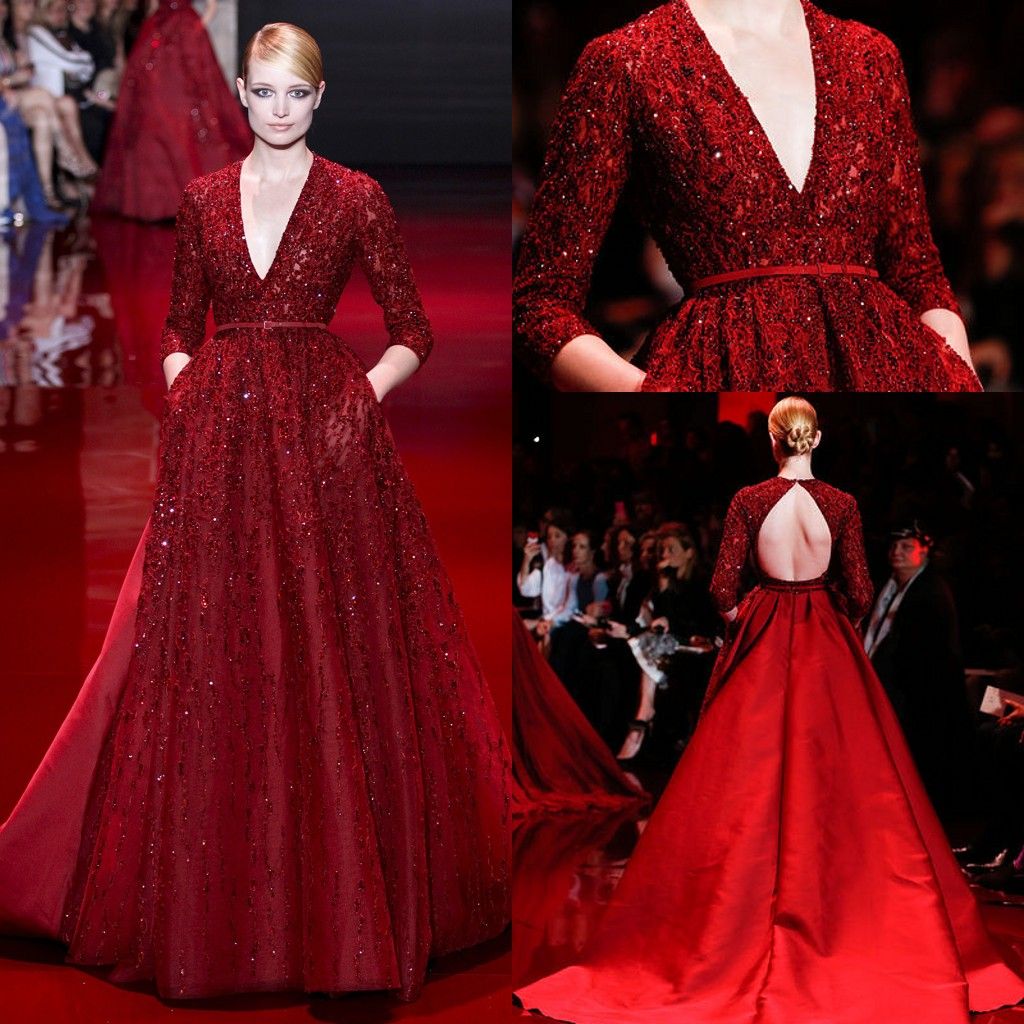 Elie Saab arrivée col en V à manches longues dos ouvert Royal Train ultime luxe rouge robe de bal/soirée avec perle tache cuatom fait