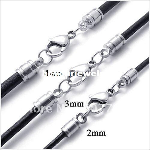 2mm,3mm,4mm Round Black Genuine Leather Cord Necklace with Stainless Steel Lobster Claw Clasps