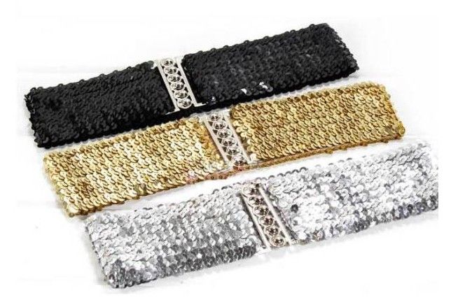 7cm Wide Gold+Black+Silver Dress Belts For Women Metallic Sequin Shine Lady Cummerbund Elastic ...