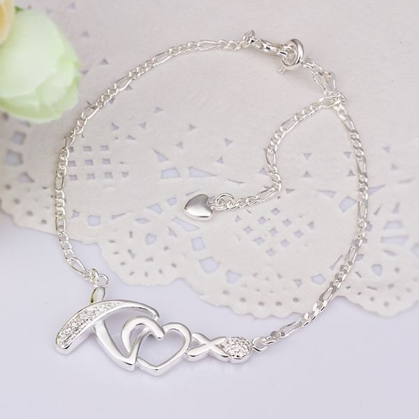 New Arrival!!Wholesale Sterling 925 Silver Anklets,925 Silver Fashion Jewelry,Fashion Zircon heart X Charm Anklet Free Shipping.02-image-176389784