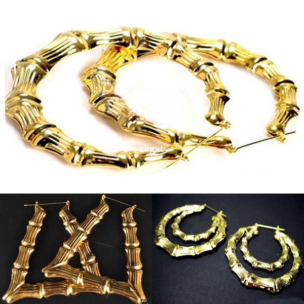 

Wholesale -1pair Womens Fashion Punk Gold Tone Bamboo Double Big Hoop Large Circle Earrings#G681