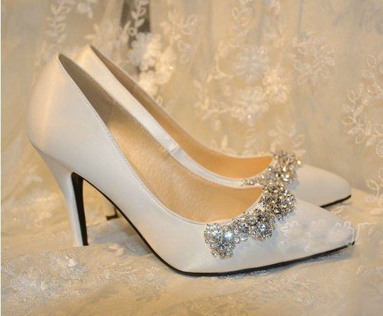 Handmade Wedding Shoes Plus Size Satin Pointed Toe Pumps High Heel Wedding Shoes White Color Rhinestone Bridal Dress Shoes Free Shipp