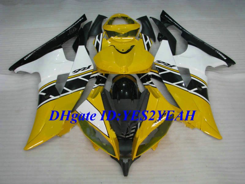 Motorcykel Fairing Kit för Yamaha YZFR6 08 09 10 15 YZF R6 2008 2009 2015 YZF600 ABS Gula vita svarta Fairings Set + Gifts YG05