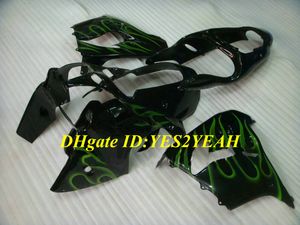 Hi-Grade Motorcykel Fairing Kit för Kawasaki Ninja ZX9R 00 01 ZX 9R 2000 2001 ABS Green Flames Black Fairings Set + Presenter KK08